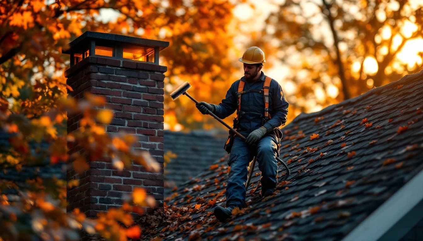 Professional chimney sweep working on a brick chimney of a New England home